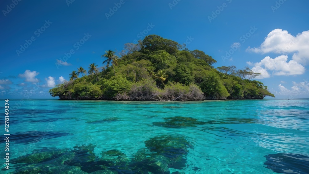Obraz premium Tropical island surrounded by clear turquoise waters and lush greenery under a blue sky with fluffy clouds.