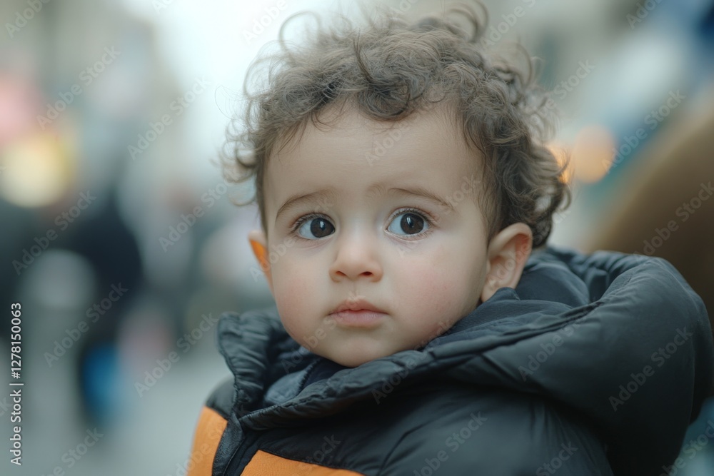 Curly haired toddler looking curiously at the camera in a busy street on a cloudy day Curly haired toddler looking curiously at the camera in a busy street on a cloudy day
