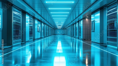 Futuristic corridor with blue lights and reflective floor design