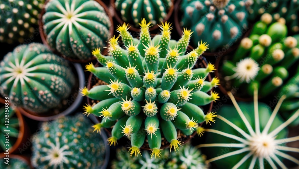 Fototapeta premium assortment of various cacti with vibrant yellow flowers in pots shot from above in natural light