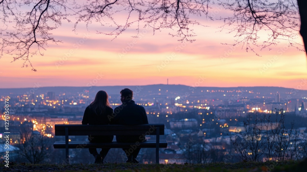 Obraz premium Romantic evening: couple enjoying scenic sunset view from park bench