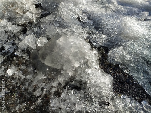 ice on the river in winter, closeup of photo with shallow depth of field