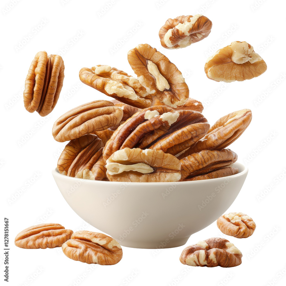 Fototapeta premium Pecans flying mid-air, isolate on white background. cutout png.