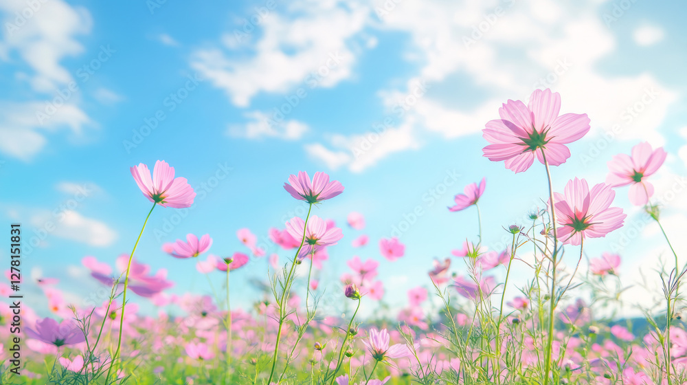 Pink cosmos flowers blooming in a meadow under a bright blue sky with fluffy clouds, capturing the essence of spring and summer nature, perfect for floral backgrounds and seasonal designs Pink cosmos flowers blooming in a meadow under a bright blue sky with fluffy clouds, capturing the essence of spring and summer nature, perfect for floral backgrounds and seasonal designs