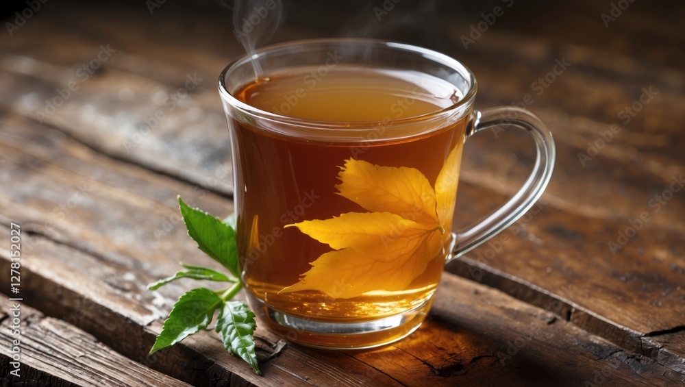 Transparent glass cup containing hot herbal tea with steam rising, garnished with green leaves on a rustic wooden surface. Transparent glass cup containing hot herbal tea with steam rising, garnished with green leaves on a rustic wooden surface.