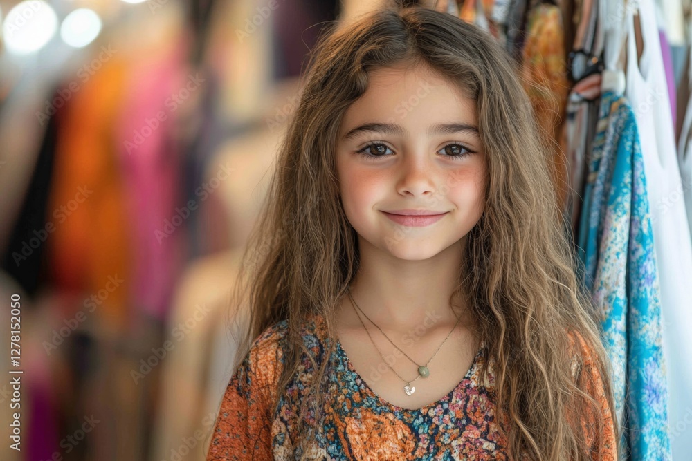 Naklejka premium Young girl with long hair smiles brightly while standing near clothing racks in a vibrant boutique setting