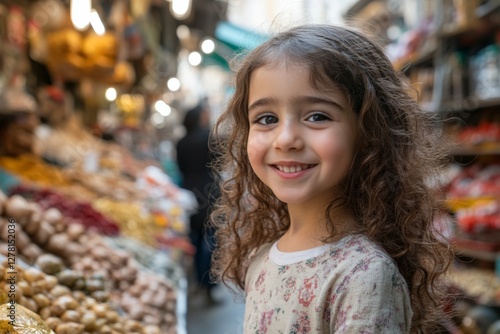 Wallpaper Mural Young girl smiling amidst colorful spices in a bustling market during daylight hours Torontodigital.ca