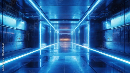 Wallpaper Mural Futuristic Neon Corridor with Glowing Blue Lights and Reflections Torontodigital.ca