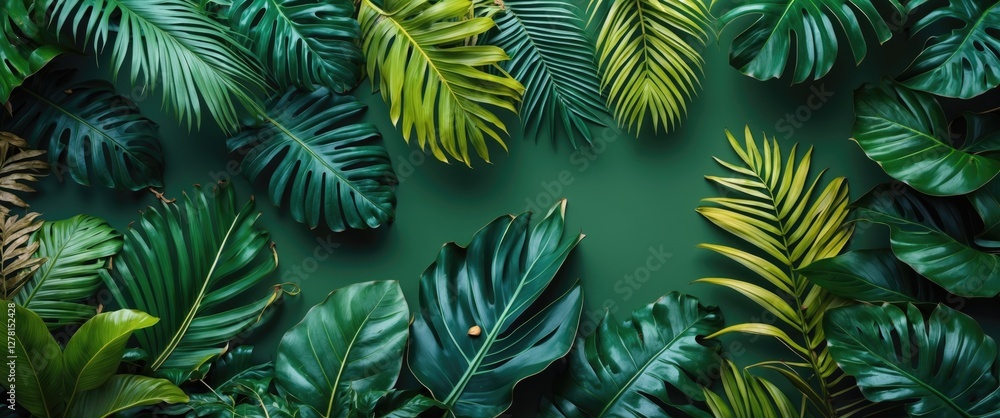 Fototapeta premium Tropical leaves arranged on a green background creating a lush and vibrant natural pattern in a flat lay style