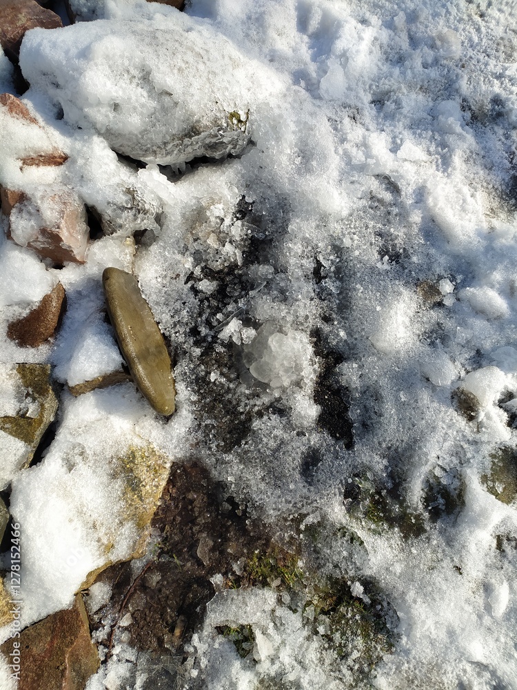 Fototapeta premium ice and snow on the ground in winter, closeup of photo