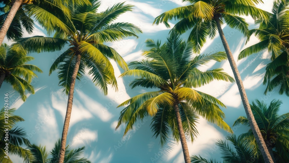 Tropical palm trees against a bright blue sky with shadows creating a vibrant natural scene in a sunny setting Tropical palm trees against a bright blue sky with shadows creating a vibrant natural scene in a sunny setting