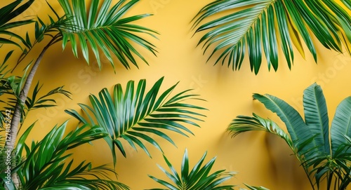 Tropical green palm leaves against bright yellow wall background for interior design and botanical themes.