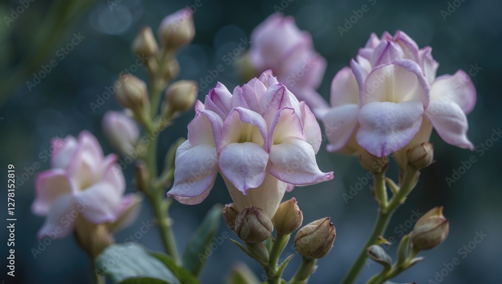 pink and white flowers with buds on green background close-up shot of floral details pink and white flowers with buds on green background close-up shot of floral details