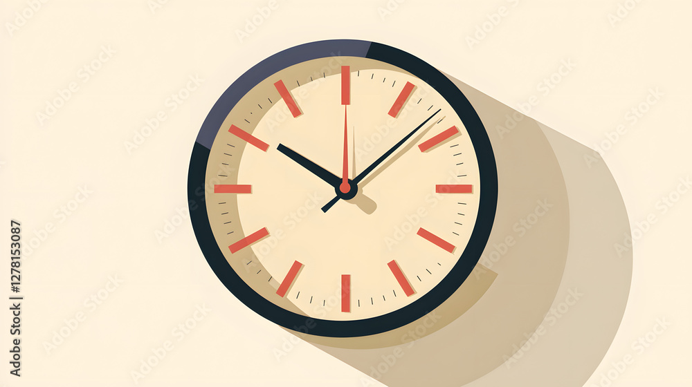 Wall clock showing time, minimalist design with a classic face, perfect for home or office decor, ample space for text.