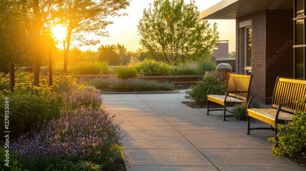 Sunset Serenity: Lavender Garden Path and Benches Sunset Serenity: Lavender Garden Path and Benches