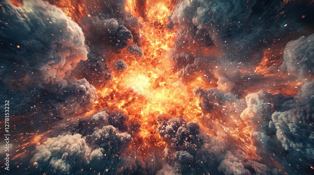Explosive Burst in Space with Fiery Flames and Dramatic Clouds Explosive Burst in Space with Fiery Flames and Dramatic Clouds
