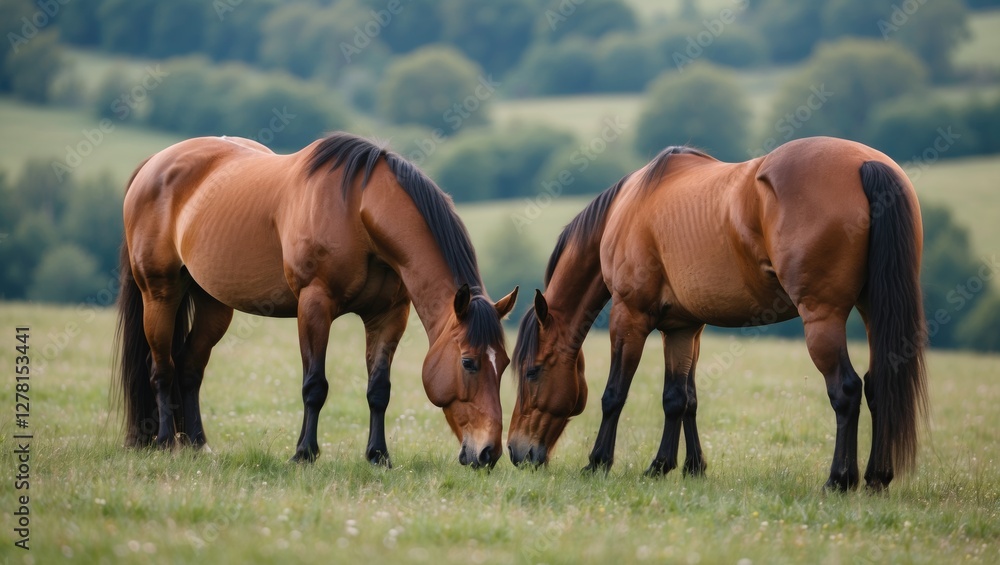 Fototapeta premium Two brown horses grazing peacefully in a lush green field with a distant forest backdrop under a clear sky