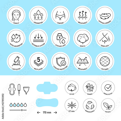 Set icons for woman hygiene protection. Vector illustration. The outline icons are well scalable and editable. Contrasting elements are good for different backgrounds. EPS10.	
