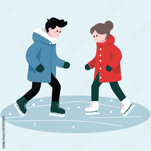 A cheerful couple enjoys ice skating on a frozen pond during the winter holidays. They are dressed in warm coats and skates, enjoying the cold season together. The scene is a fun, outdoor recreational