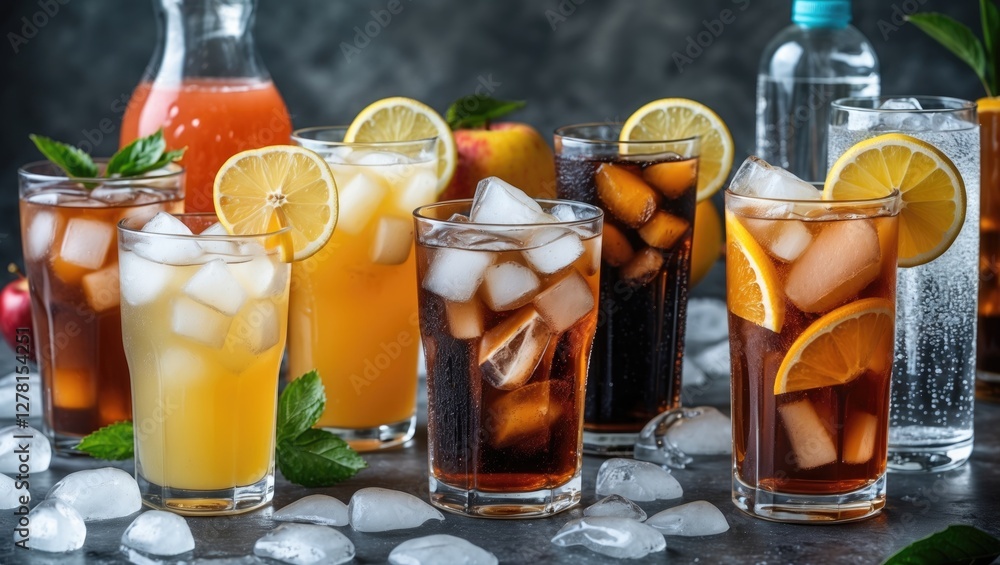 Assorted iced beverages in glasses with lemon and mint, featuring soft drinks and juices on a marble surface.
