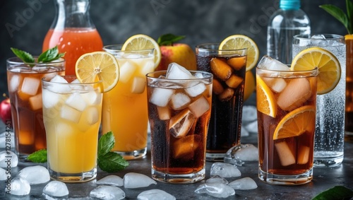 Obraz na płótnie Assorted iced beverages in glasses with lemon and mint, featuring soft drinks and juices on a marble surface. w salonie