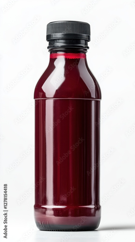 Dark Red Juice in a Bottle with Black Cap on White Background Healthy Drink Fresh Natural Organic Beverage Studio Shot Close Up Minimalist Style Dark Red Juice in a Bottle with Black Cap on White Background Healthy Drink Fresh Natural Organic Beverage Studio Shot Close Up Minimalist Style