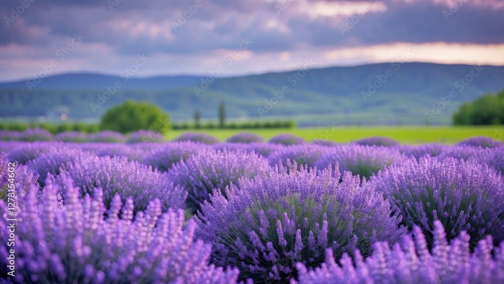 Lavender fields in bloom with vibrant purple flowers against a backdrop of rolling green hills and cloudy sky at sunset. Lavender fields in bloom with vibrant purple flowers against a backdrop of rolling green hills and cloudy sky at sunset.