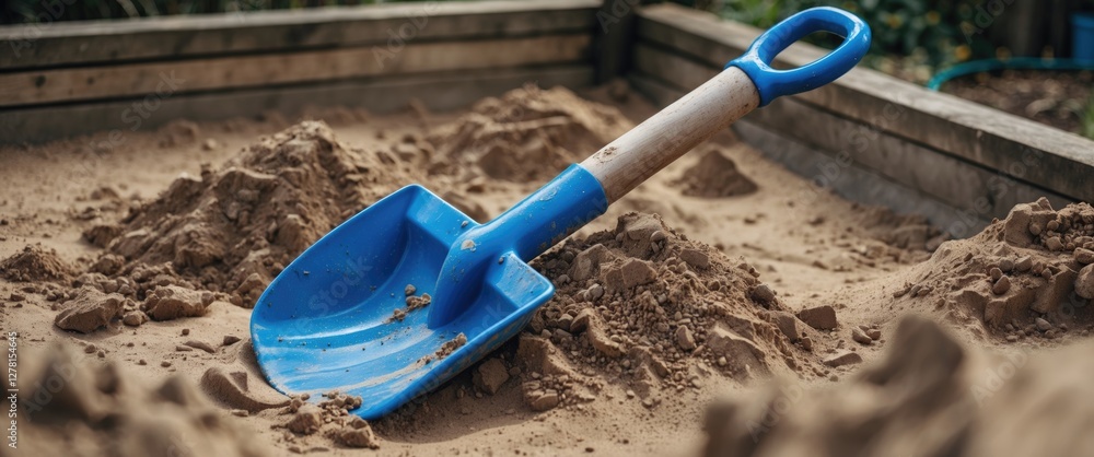 Blue plastic shovel resting on sandy mound in a sandbox with wooden edges during daylight. Blue plastic shovel resting on sandy mound in a sandbox with wooden edges during daylight.