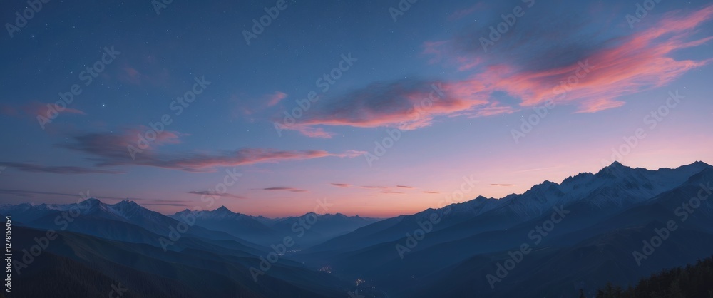 Mountain landscape at dusk with colorful clouds and starry sky overlooking a valley and distant peaks. Mountain landscape at dusk with colorful clouds and starry sky overlooking a valley and distant peaks.