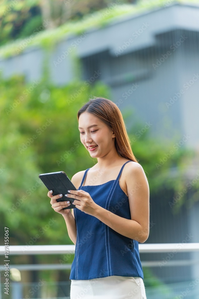 Young Asian Businesswoman In Casual Business Outfit Using Tablet Outdoors In Front a Modern Office Building Young Asian Businesswoman In Casual Business Outfit Using Tablet Outdoors In Front a Modern Office Building