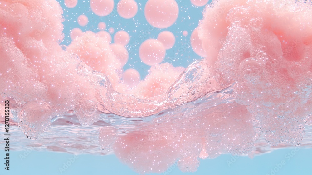 Fototapeta premium Sparkling Pink Foam and Bubbles Floating in Clear Water Against a Blue Sky Background