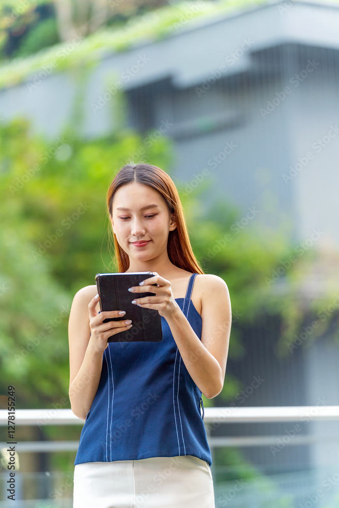 Fototapeta premium Young Asian Businesswoman In Casual Business Outfit Using Tablet Outdoors In Front a Modern Office Building