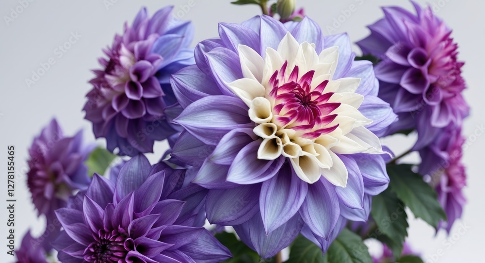 Purple and white dahlia flowers with intricate petals and lush green leaves on a soft neutral background Purple and white dahlia flowers with intricate petals and lush green leaves on a soft neutral background