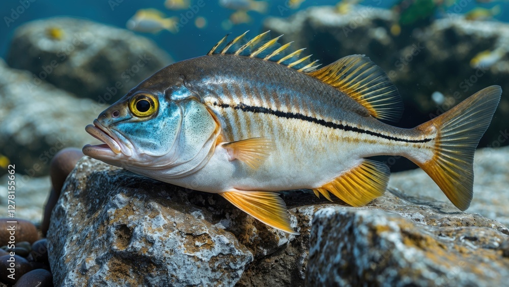 Underwater close-up of vibrant fish resting on rocky seafloor in clear blue ocean environment Underwater close-up of vibrant fish resting on rocky seafloor in clear blue ocean environment