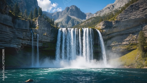 Majestic waterfall cascading into a turquoise pool surrounded by steep mountains and pine trees under a clear blue sky