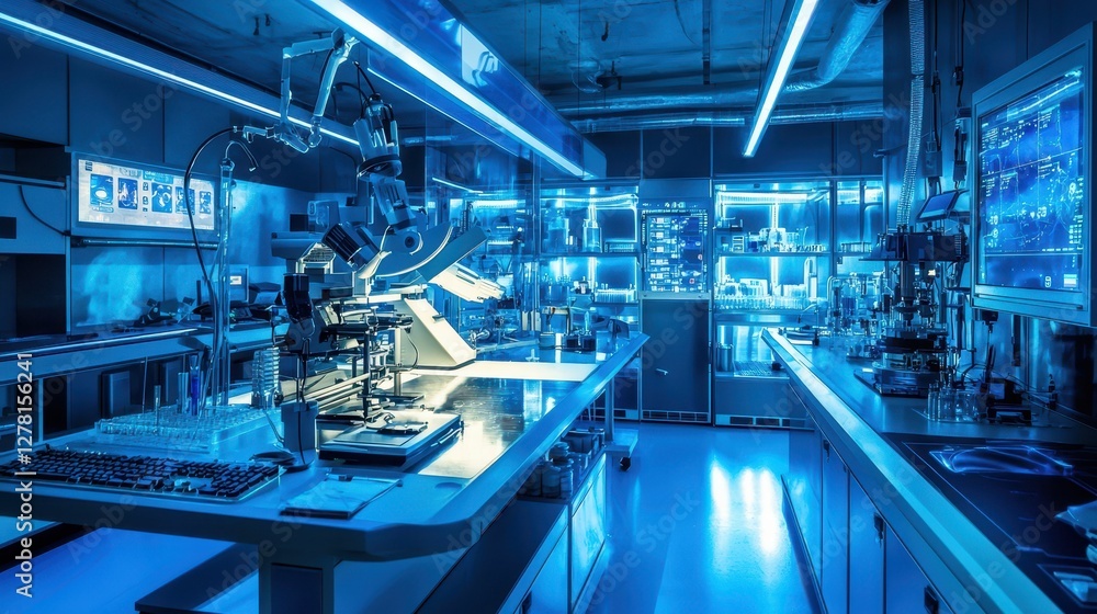 Modern Laboratory Interior with Blue Lighting and Advanced Equipment Modern Laboratory Interior with Blue Lighting and Advanced Equipment
