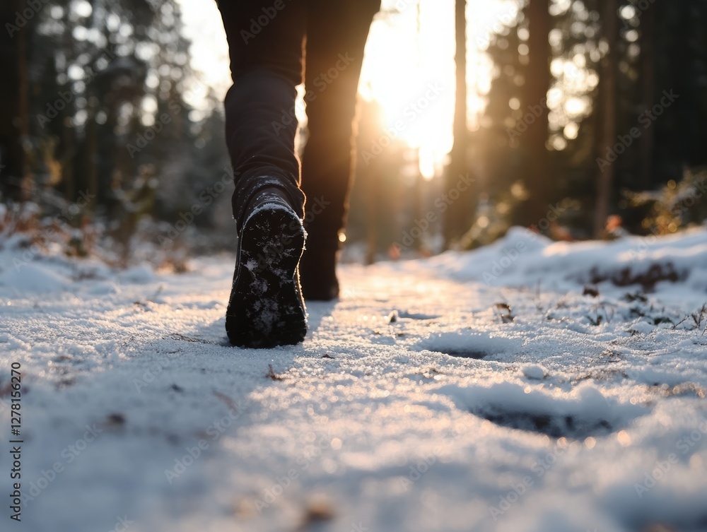 A person leaving footprints in the snow on a forest path A person leaving footprints in the snow on a forest path