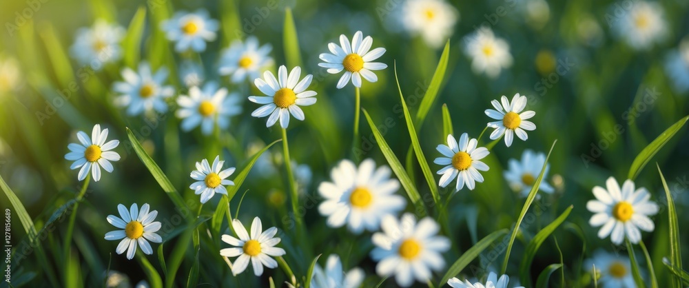 Fototapeta premium field of white daisies with yellow centers surrounded by green grass in soft natural lighting