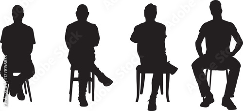 vector; silhouette, front view of a group of men sitting on chair