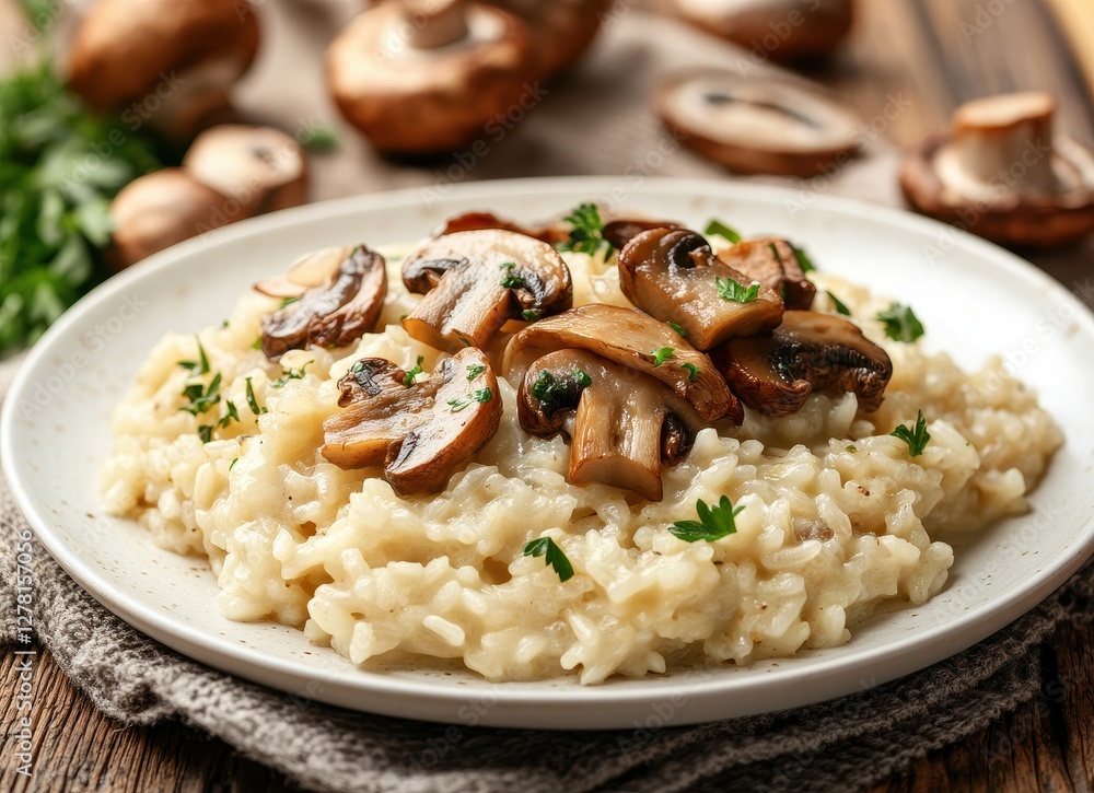 Delicious risotto with mushrooms served on a white plate, set against a rustic wooden background. Delicious risotto with mushrooms served on a white plate, set against a rustic wooden background.