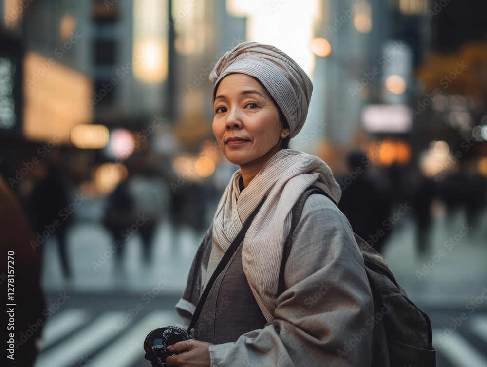 A person in traditional national attire walking through the city. A person in traditional national attire walking through the city.