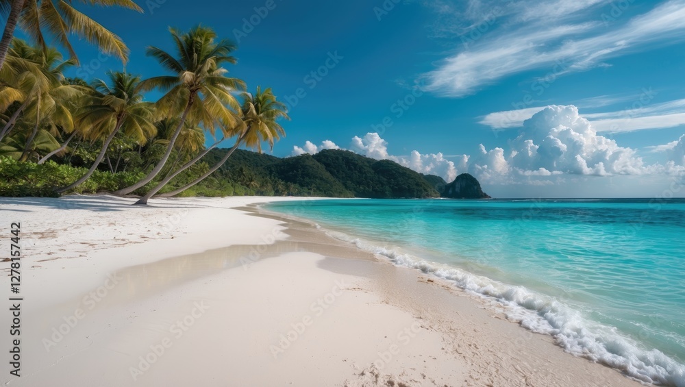 Tropical beach landscape with palm trees, clear turquoise water, and mountainous coastline under a blue sky with fluffy clouds Tropical beach landscape with palm trees, clear turquoise water, and mountainous coastline under a blue sky with fluffy clouds
