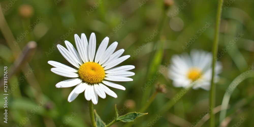 Close-up of a white daisy flower with yellow center surrounded by green grass and blurred background with more daisies. Close-up of a white daisy flower with yellow center surrounded by green grass and blurred background with more daisies.