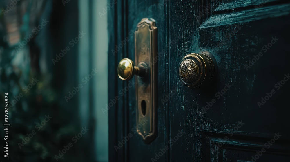 Elegant Door Handle and Keyhole on a Dark Wooden Door Surface