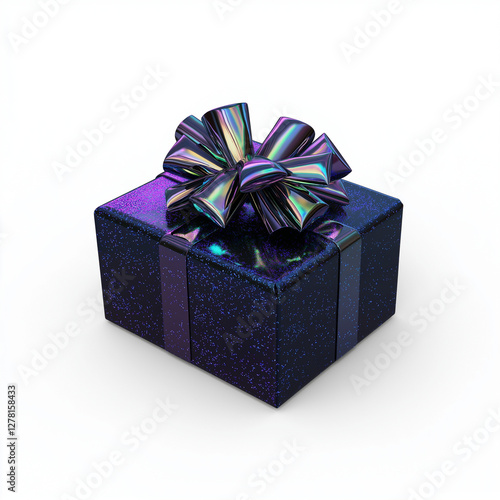 Holographische Geschenkbox: Elegante Geschenkbox mit holographischer Schleife in Dunkelblau. Modernes Geschenkdesign mit irisierendem Glanz-Effekt photo