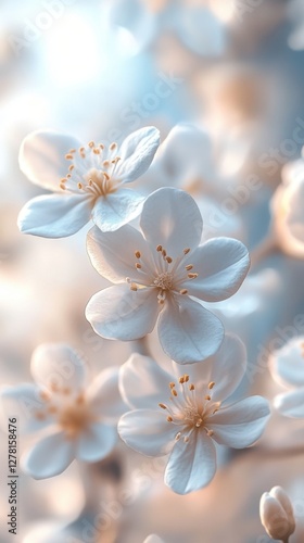 Serene white blossom display delicate petals in soft light a tranquil floral scene capturing the essence of spring beauty and natural elegance