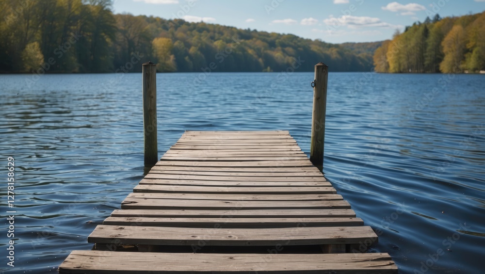 Obraz premium Wooden dock extending into calm lake surrounded by trees in autumn colors under clear blue sky