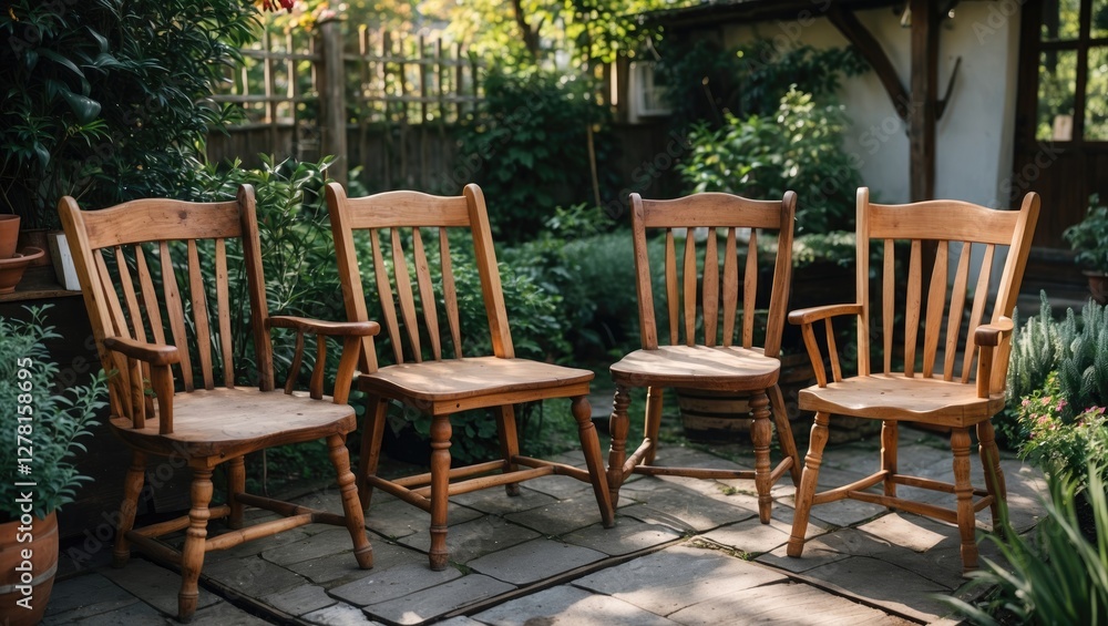 Wooden chairs arranged in a garden setting with lush greenery and stone paving in natural sunlight Wooden chairs arranged in a garden setting with lush greenery and stone paving in natural sunlight