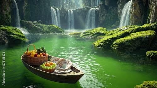 A small boat drifting on an emerald-green river surrounded by mossy rocks and waterfalls
