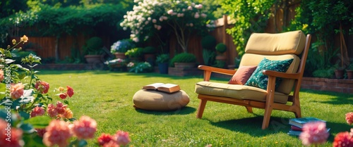 Fototapeta Naklejka Na Ścianę i Meble -  Cozy outdoor garden scene featuring a yellow armchair, colorful cushions, a pouf, books, and blooming flowers in a vibrant setting.